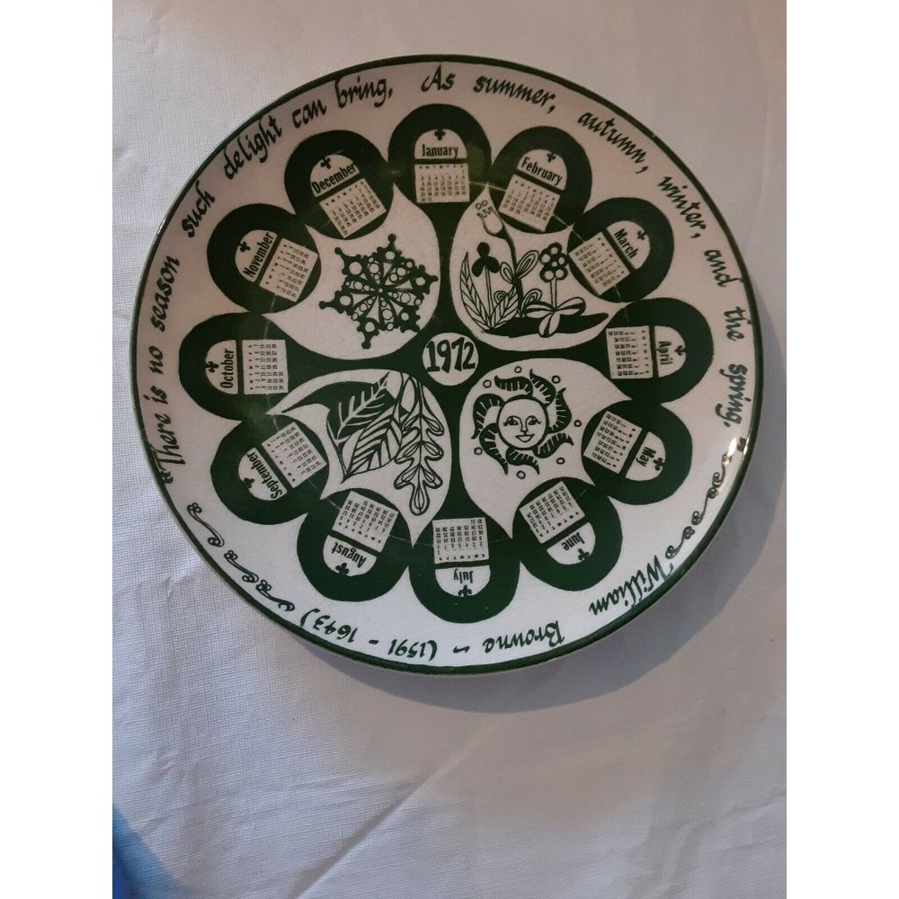 Vintage 1972 Calendar Collectors Plate Mount Clemens USA 10 1/4" Green & White